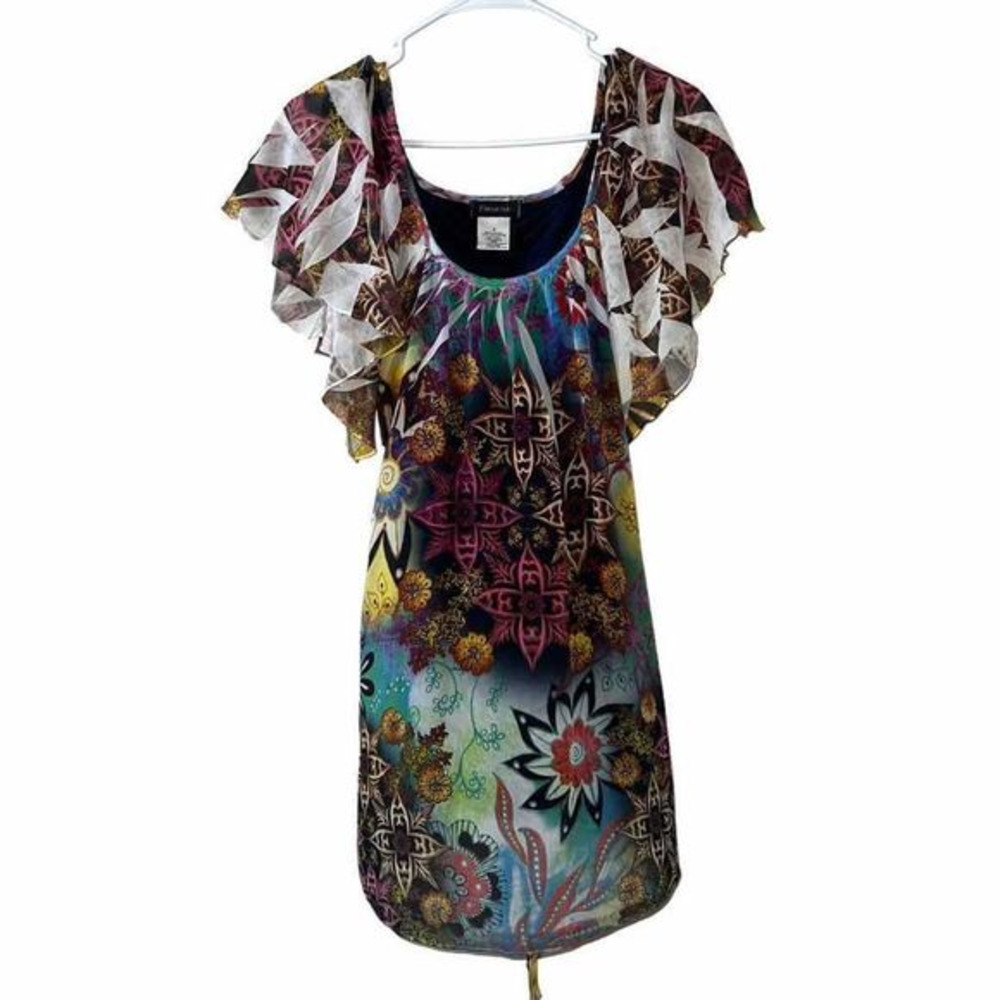 Fleurish floral multi‎ colored flutter sleeve lined tie waist tunic